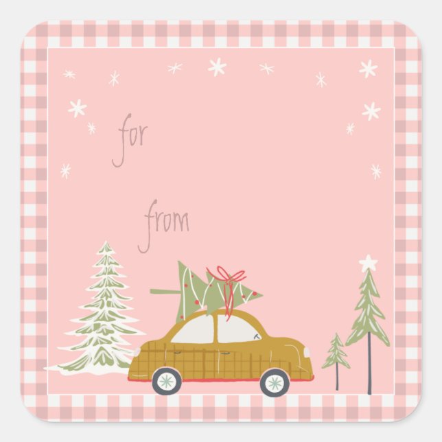 Sticker Carré Balise cadeau Pink Retro Christmas Car Woodland (Devant)