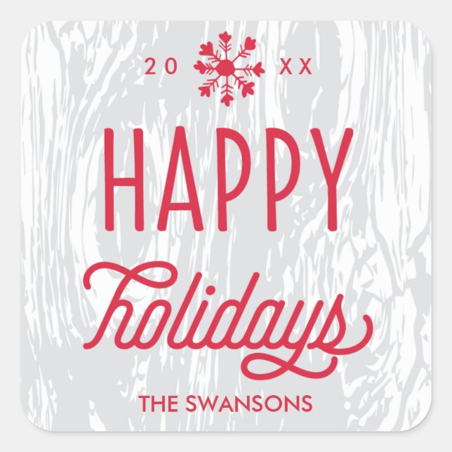 Sticker Carré Balise cadeau Retro Woodgrain Happy Holidays Stick (Devant)