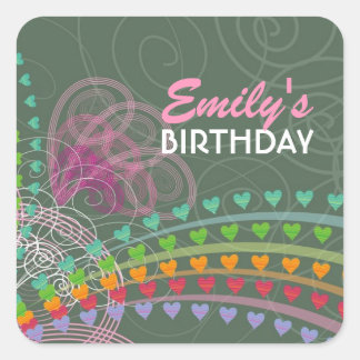 Sticker Carré Balise cadeau Whimsical Rainbow Hearts Pink Swirls