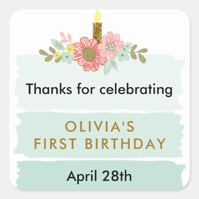 Sticker Carré Balise d'anniversaire Mint Green Ombre Cake Favour (Devant)