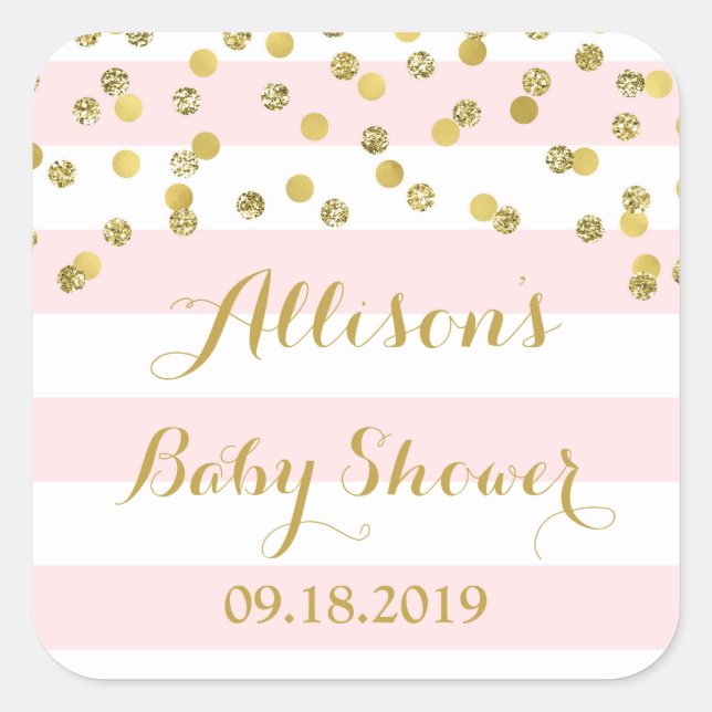 Sticker Carré Balise de Baby shower Confetti Gold Stripes rose F (Devant)
