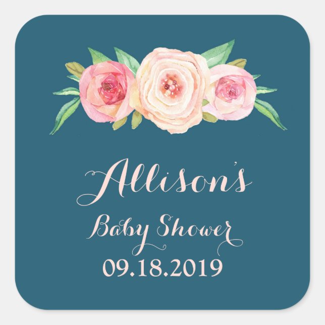 Sticker Carré Balise de Baby shower floral bleu bleu bleu marine (Devant)