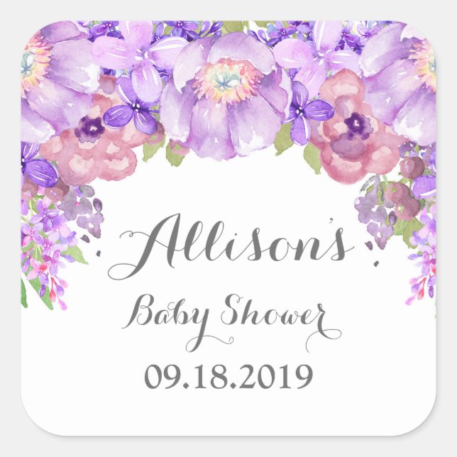 Sticker Carré Balise de Baby shower Floral Violet de Lavande Rus (Devant)