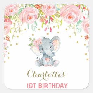 Sticker Carré Balise de l'éléphant floral Boho Anniversaire Favo