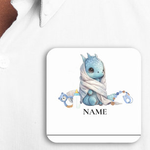 Sticker Carré Balise de nom du Baby shower Blue Dragon Watercolo