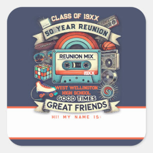 Sticker Carré Balise de nom Retro 50 Year High School Reunion -