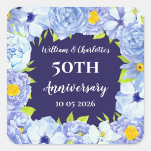 Sticker Carré Balise Fleurs Bleues Anniversaire Personnalisé Fav