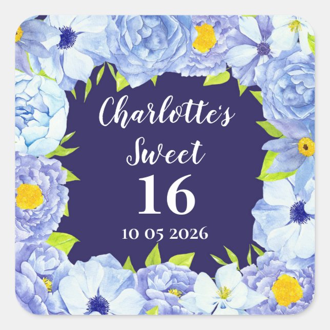 Sticker Carré Balise Fleurs Bleues Douce 16 Anniversaire Favor (Devant)
