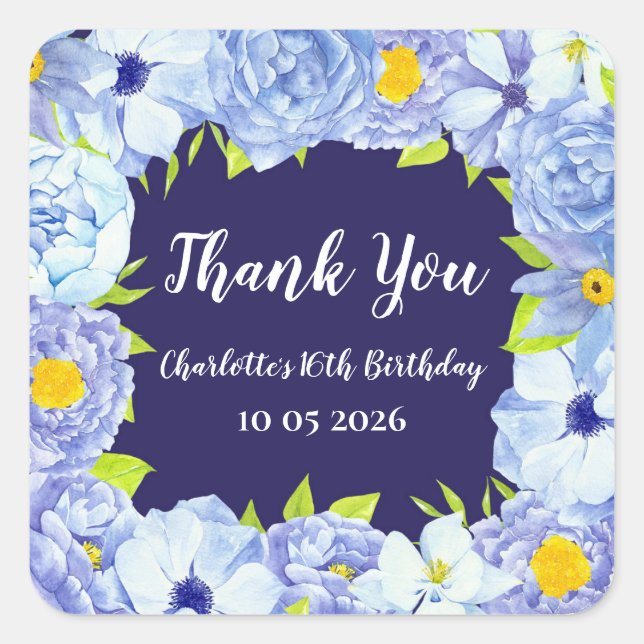 Sticker Carré Balise Fleurs Bleues Merci Anniversaire Favoriser (Devant)