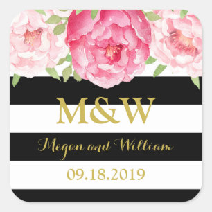 Sticker Carré Balise Noir Grandes Florales Monogramme Mariage Fa
