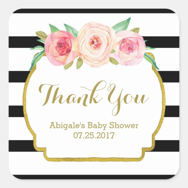 Sticker Carré Balises noires Baby shower floral rose Favoriser l (Devant)