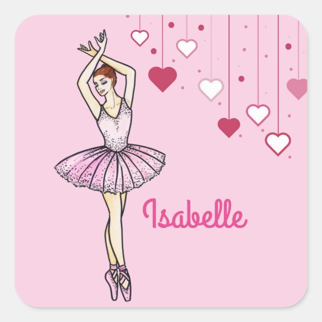 Sticker Carré Ballerina avec Robe Rose et Chaussures Pointe Toe (Devant)