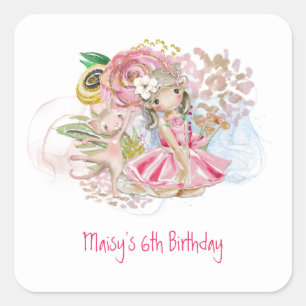 Sticker Carré Ballerina Florals Chat Rose Fille 6e fête d'annive
