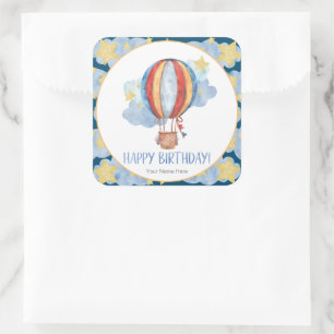 Sticker Carré Ballon à Air Chaud Bleu Rouge Étoiles Enfants Joye