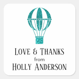 Sticker Carré Ballon à air chaud pailleté sarcelle avec « Amour 