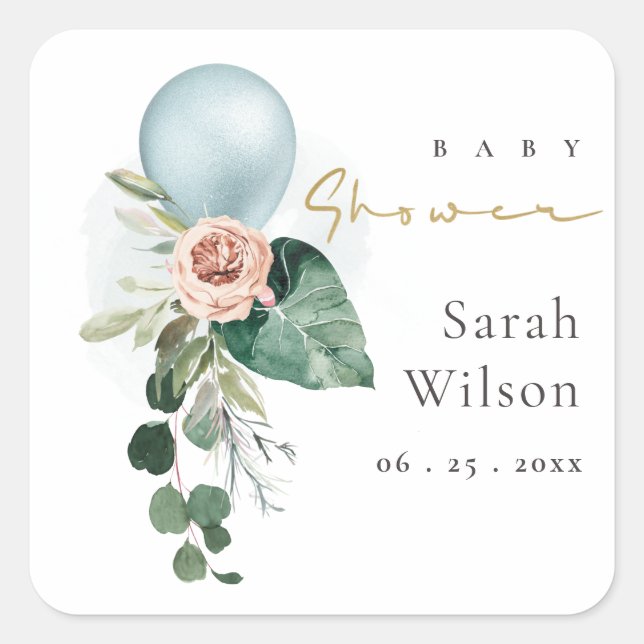 STICKER CARRÉ BALLON BLEUE AQUA BABY SHOWER DE BUNCH FLORAL (Devant)