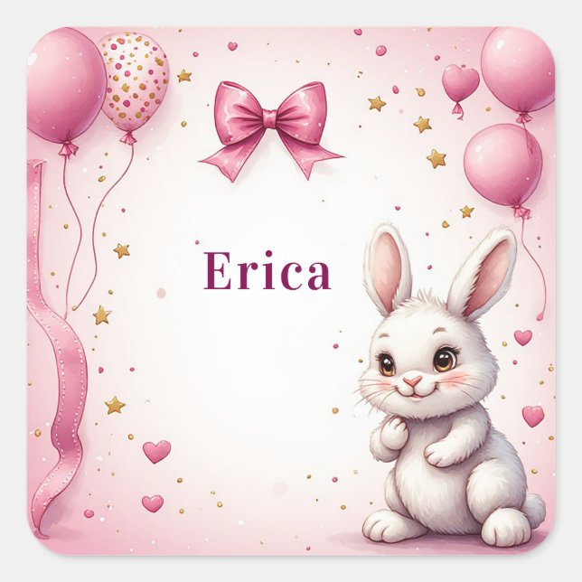 Sticker Carré Ballon d'anniversaire lapin rose 🐰 (Devant)