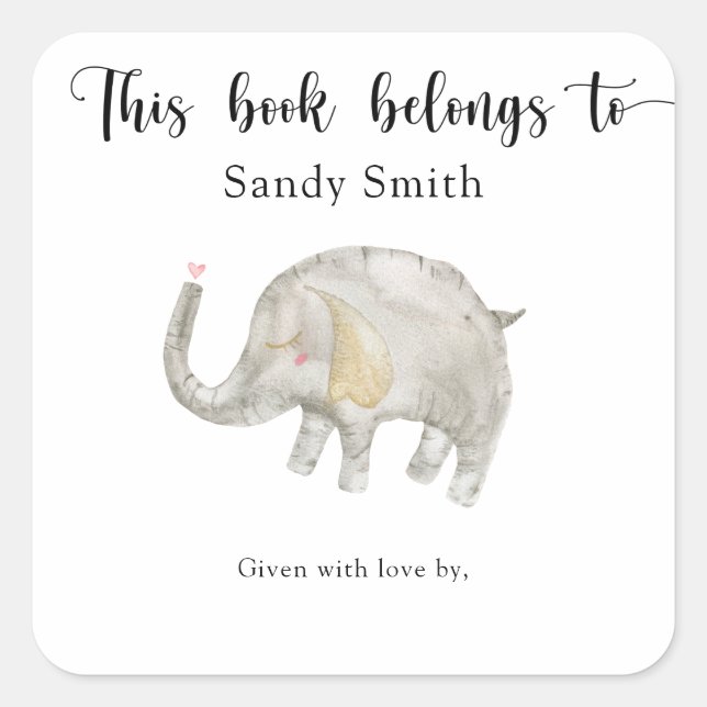 Sticker Carré Ballon d'aquarelle Elephant - ce livre appartient  (Devant)