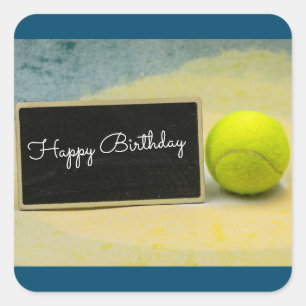 Sticker Carré Ballon de tennis avec joyeux signe d'anniversaire