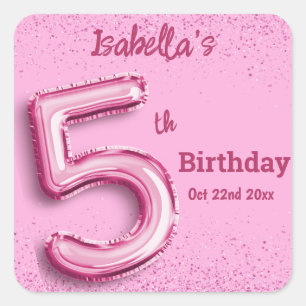 Sticker Carré Ballon rose pailleté mignon n°5 fille 5ème anniver