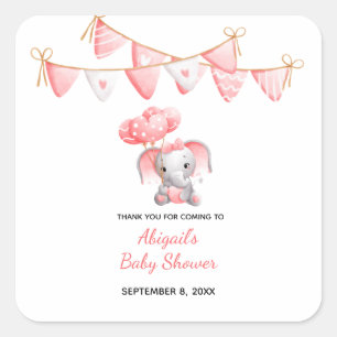 Sticker Carré Ballons éléphant rose Baby Shower 