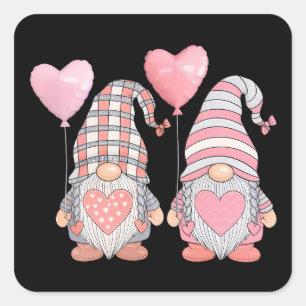 Sticker Carré Ballons Gnome Couple Cœur Rose Saint-Valentin