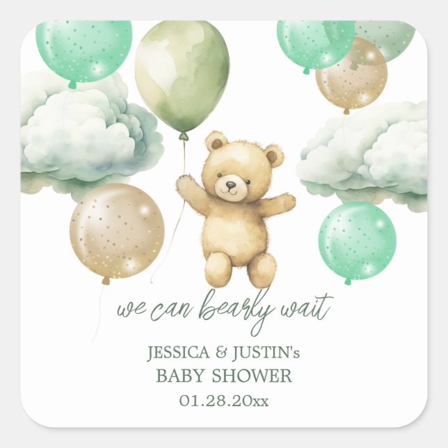 Sticker Carré Ballons Ours Teddy Baby shower Ciel Vert (Devant)