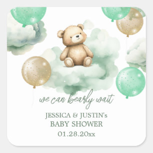 Sticker Carré Ballons Ours Teddy Green Gold Sky Baby shower