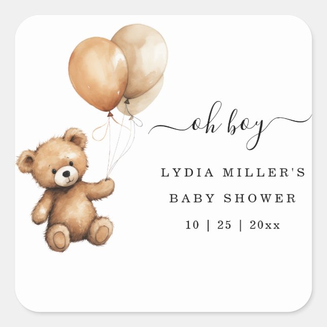 Sticker Carré Ballons ourson en peluche Baby shower Mixte  (Devant)