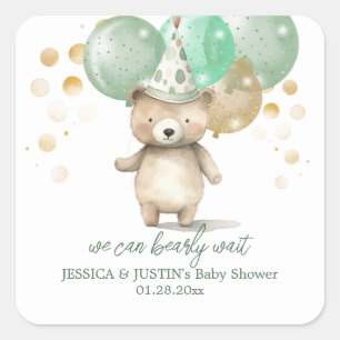 Sticker Carré Ballons Ourson en Peluche Vert Or Fête Prénatale