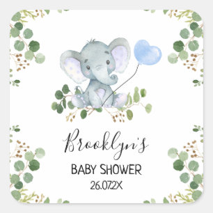 Sticker Carré Balloon bleu Eléphant Baby shower Favoriser Stick