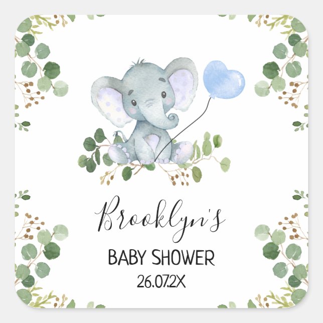 Sticker Carré Balloon bleu Eléphant Baby shower Favoriser Sticke (Devant)