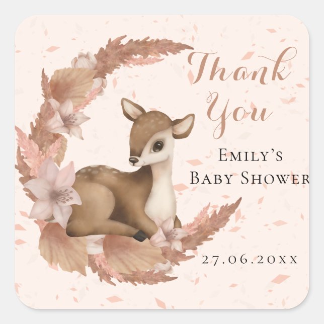 Sticker Carré Bambi & Fleurs Merci Baby shower rose pastel (Devant)