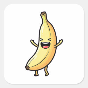 Sticker Carré Banane qui rit – Illustration Kawaii Mignonne