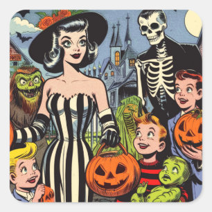 Sticker Carré Bande dessinée d'Halloween vintage