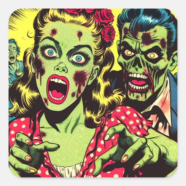 Sticker Carré Bande dessinée rétro Zombie Couple (Devant)