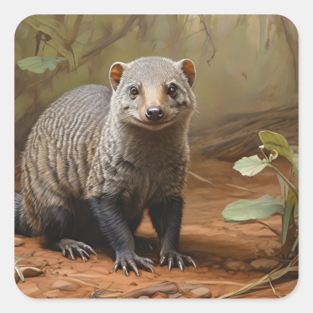Sticker Carré Banded Mongoose dans les bois (Devant)