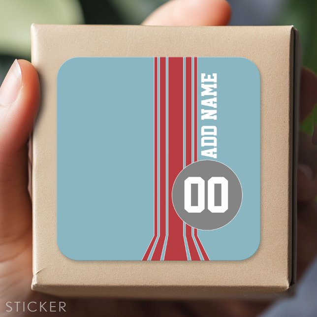 Sticker Carré Bandes de course avec nom et numéro personnalisés (Custom Sticker - Personalize with your info for a party favor or gift)