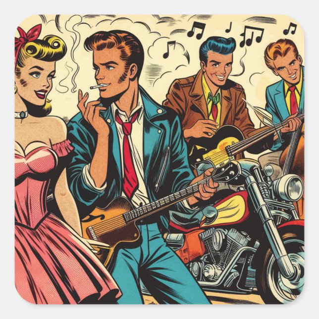 Sticker Carré Bandes dessinées vintage Rock and Roll des années  (Devant)