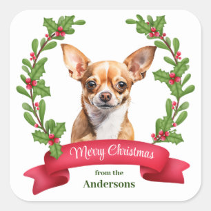 Sticker Carré Bannière rouge Chien Chihuahua marron Noël