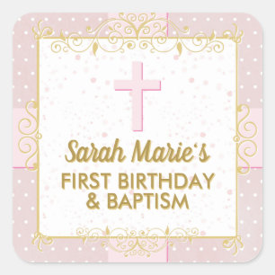 Sticker Carré Baptême 1er Anniversaire Pink Gold Texte Polka Po
