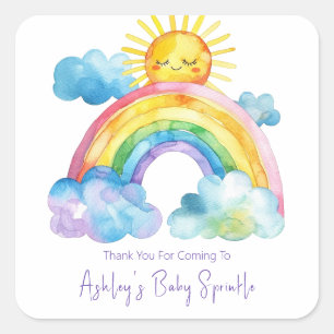 Sticker Carré Baptême Arc-en-ciel Aquarelle Bébé