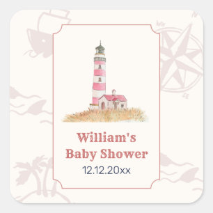 Sticker Carré Baptême Bébé Fille/ Garçon Phare Naustique Aquarel