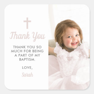 Sticker Carré Baptême Christening Religieux Rose Girl Photo
