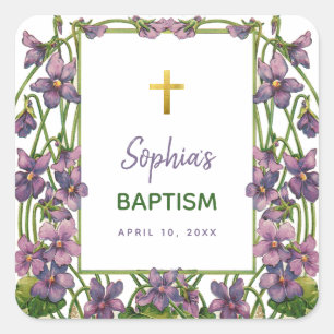 Sticker Carré Baptême de fille Violet Floral Pourpre Vert Croix 