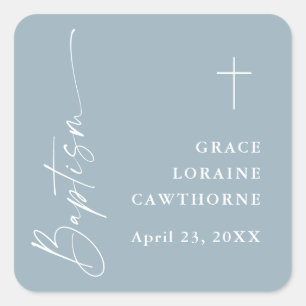 Sticker Carré Baptême de garçons bleu poussiéreux écriture éléga