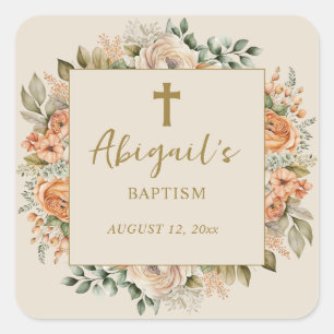 Sticker Carré Baptême élégant Fille Peach Cream Floral Croix Béb