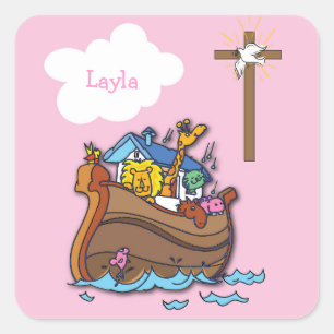 Sticker Carré Baptême personnalisable de l'Arche de Noé, fille r