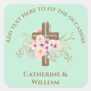 Sticker Carré Baptême personnalisé et croix florale