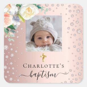 Sticker Carré Baptême photo personnalisée rose or fille florales